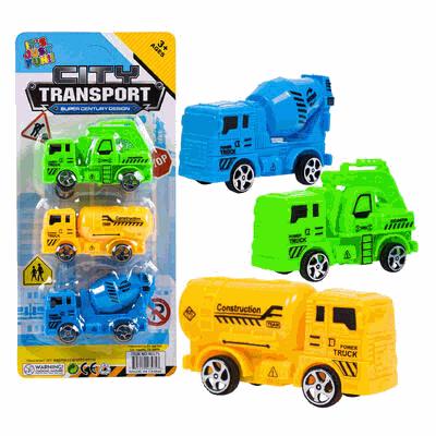 Toy construction vehicles including a blue truck, green garbage truck, and yellow construction truck on a white background.