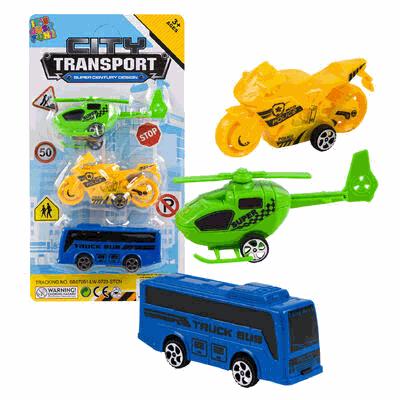 Toy set with a bus, helicopter, and motorcycle in packaging labeled 'City Transport'.