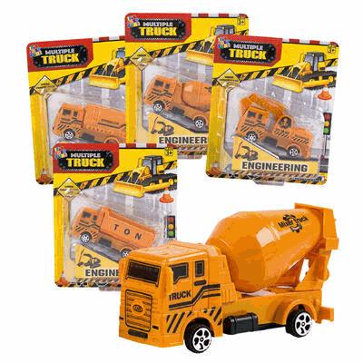 Toy concrete mixer truck in front of packaging with 'Engineer' branding.