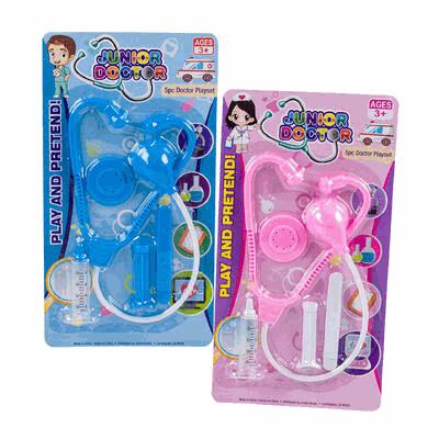 Two packages of Junior Doctor toy sets, one blue and one pink, on a white background.