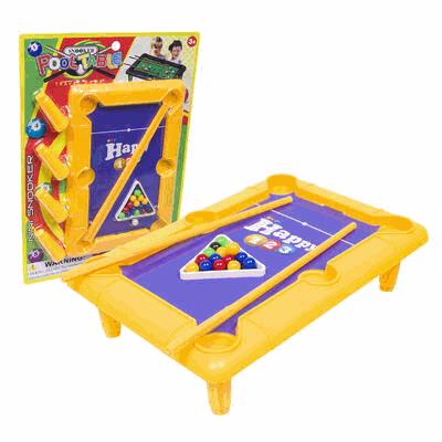 Children's pool table toy with colorful balls and a Happy branding on a white background