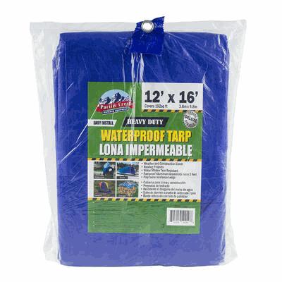 Blue waterproof tarp with packaging displaying dimensions and brand information.