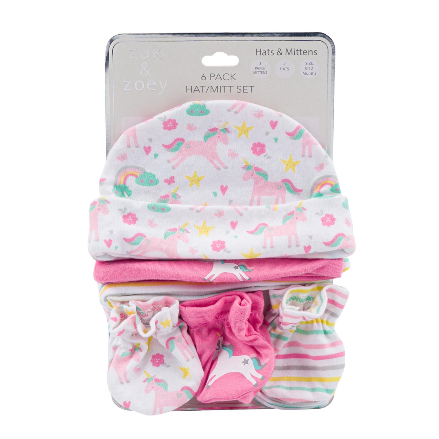 Zak and Zoey 6pk Unicorn Hat/Mitt Set