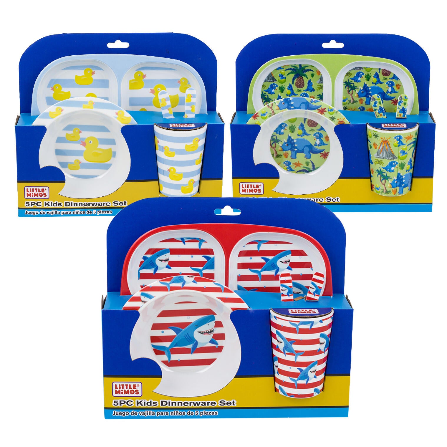 Three packages of Little Mimos kids' dinnerware sets with different designs.