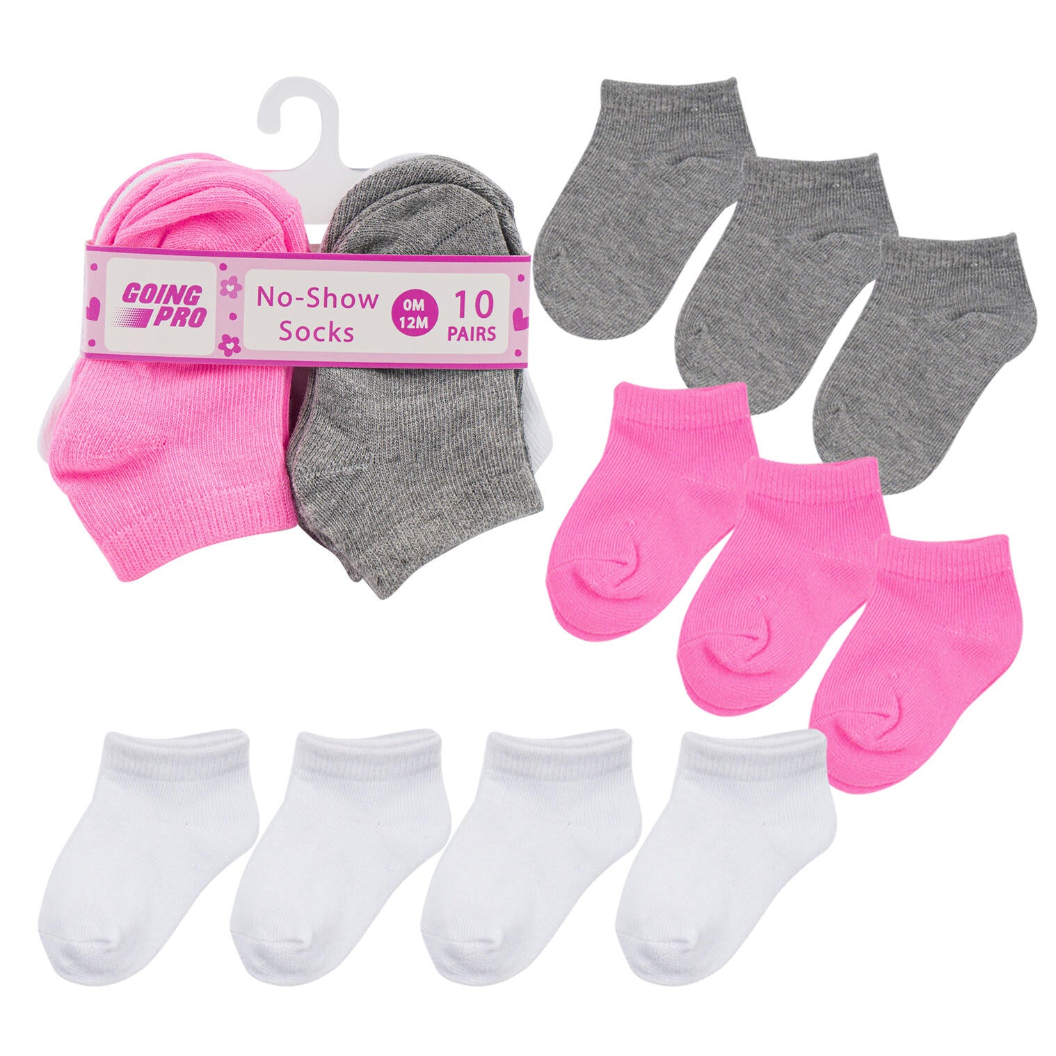 10pk Girls No Show  Socks - Sizes 0-12M