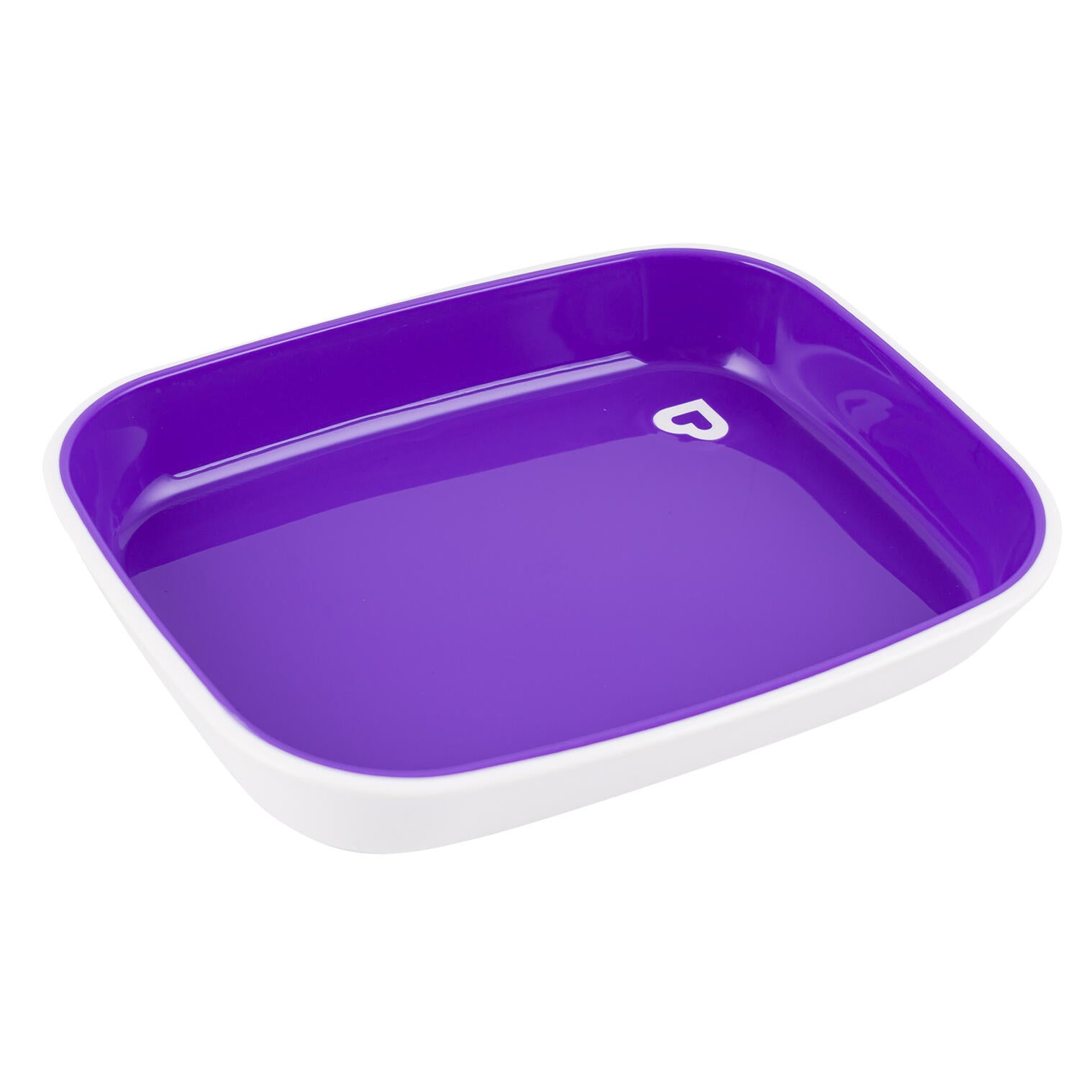 Purple and white pet tray with a logo on a white background