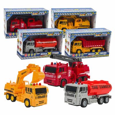 Set of toy trucks in packaging on a white background