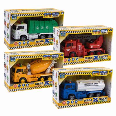 Four Mega X-Trucks in their packaging on a white background
