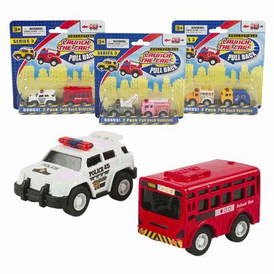 Two toy vehicles, a police car and a red school bus, in front of their packaging on a white background.