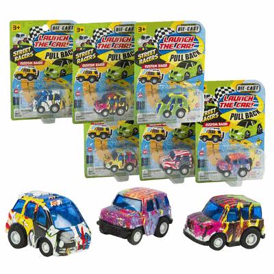 Collection of toy cars and their packaging on a white background