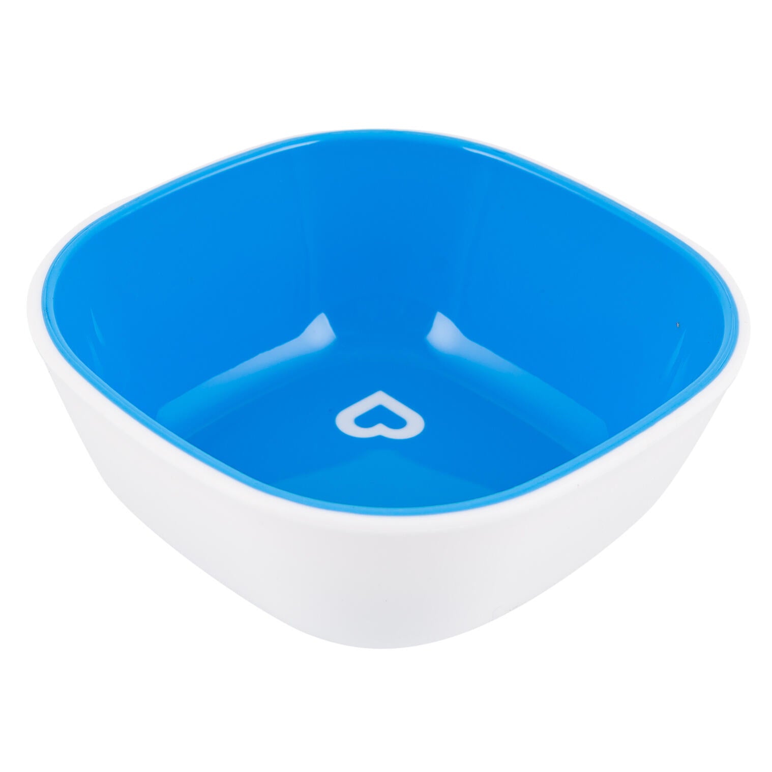 Blue and white pet bowl with a heart design on a white background