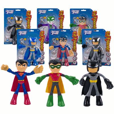 Superhero action figures with packaging on a white background