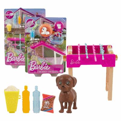Barbie pet playset with dog, house, and accessories on a white background