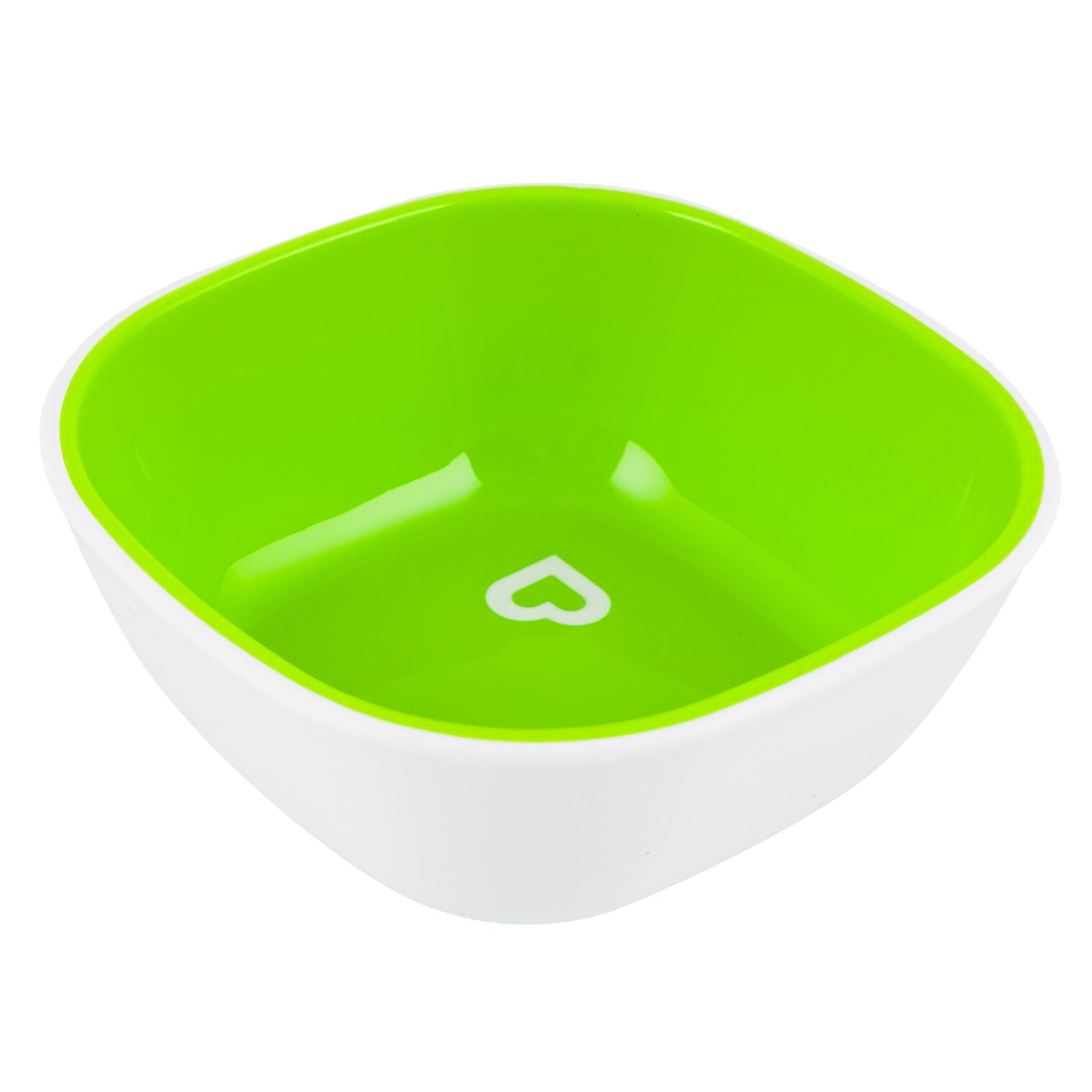 Green and white pet bowl with a heart design on a white background