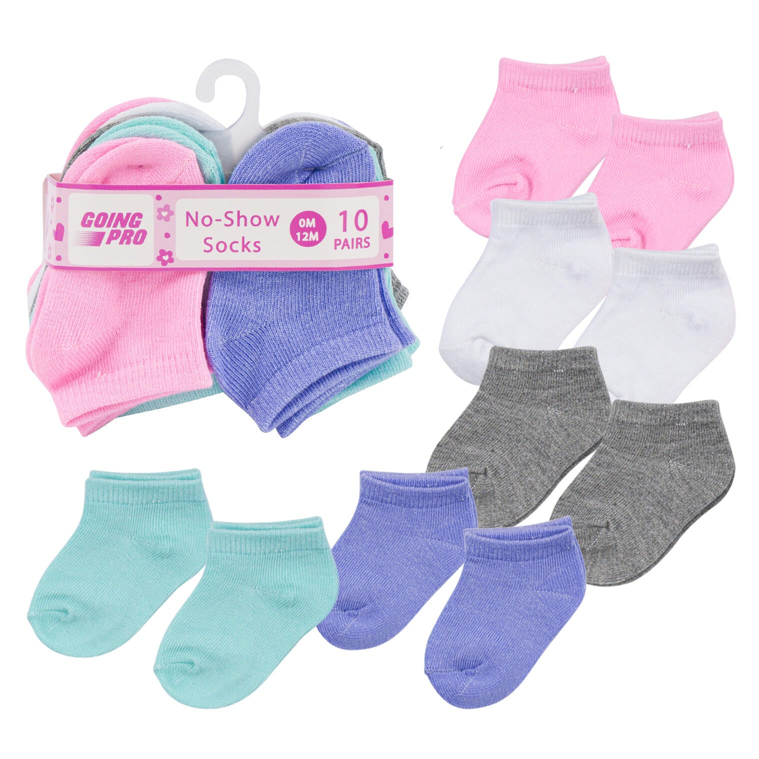 10pk Girls No Show  Socks - Sizes 0-12M