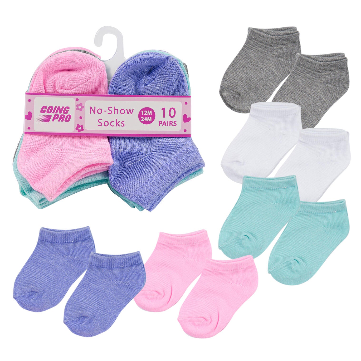 10pk Girls No Show  Socks - Sizes 12-24M