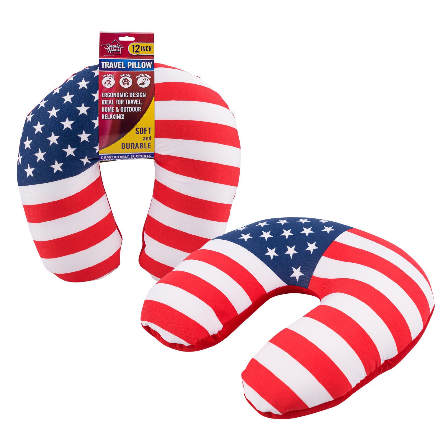 American flag travel pillow with packaging on a white background