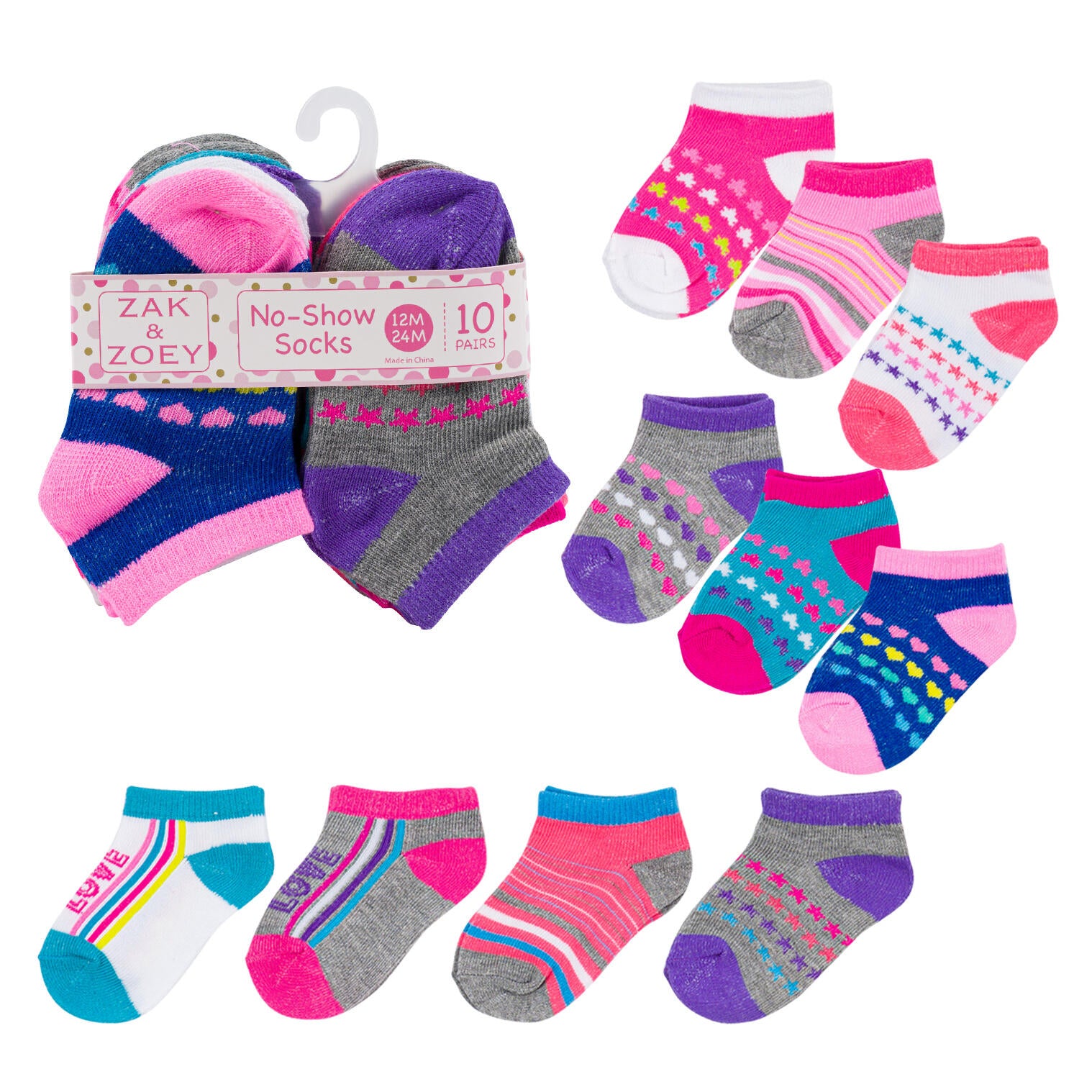 10pk Girls No Show Socks- 12-24M- Assorted Desig