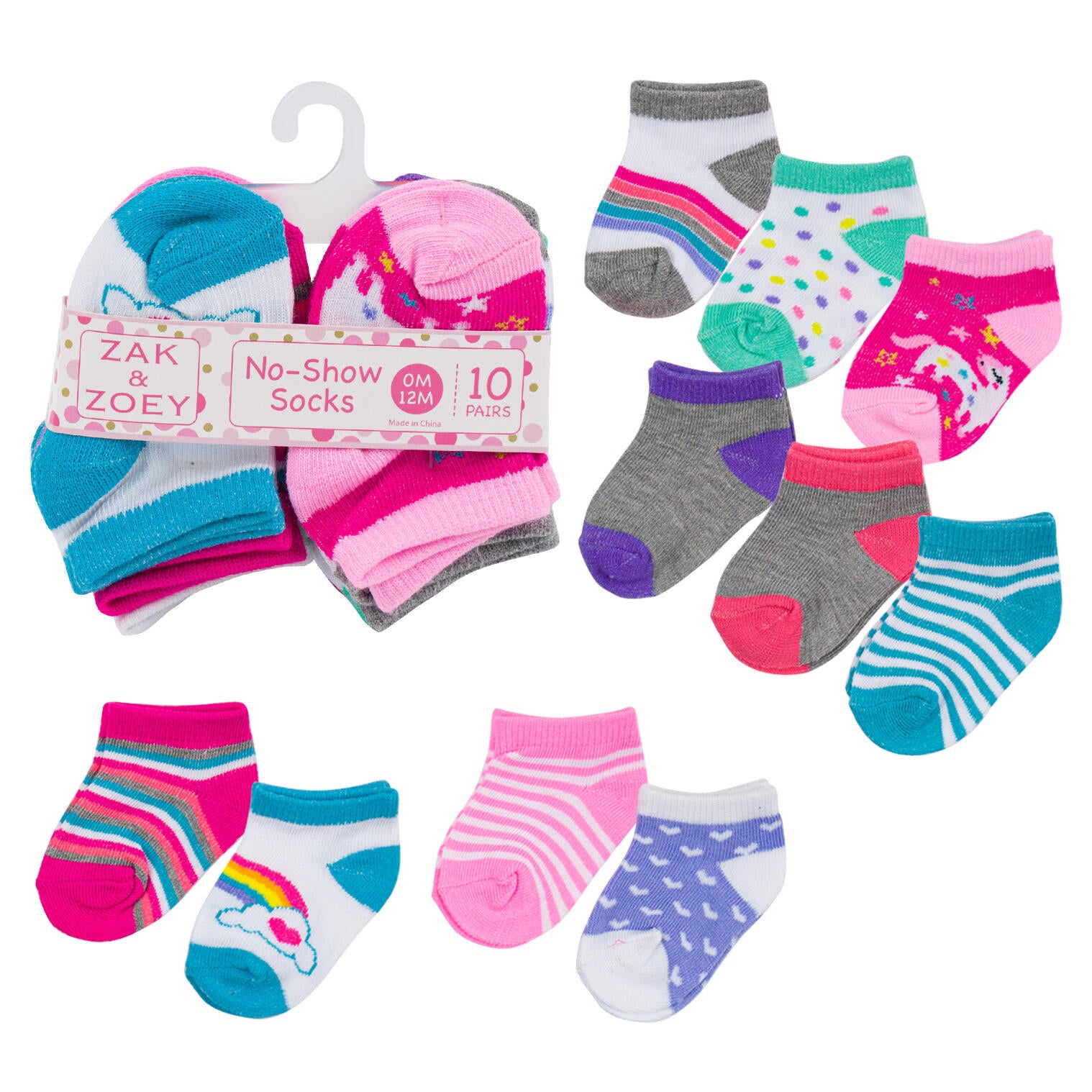 10pk Girls No Show Socks- 0-12M- Assorted Design