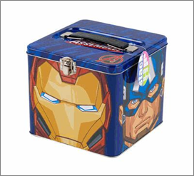 Superhero-themed tin box with Iron Man and Captain America on a white background