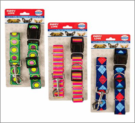 Three packages of colorful dog collars with tags on a white background