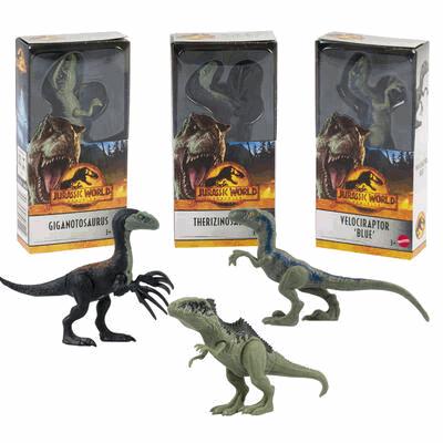 Three dinosaur figures in front of their packaging boxes on a white background