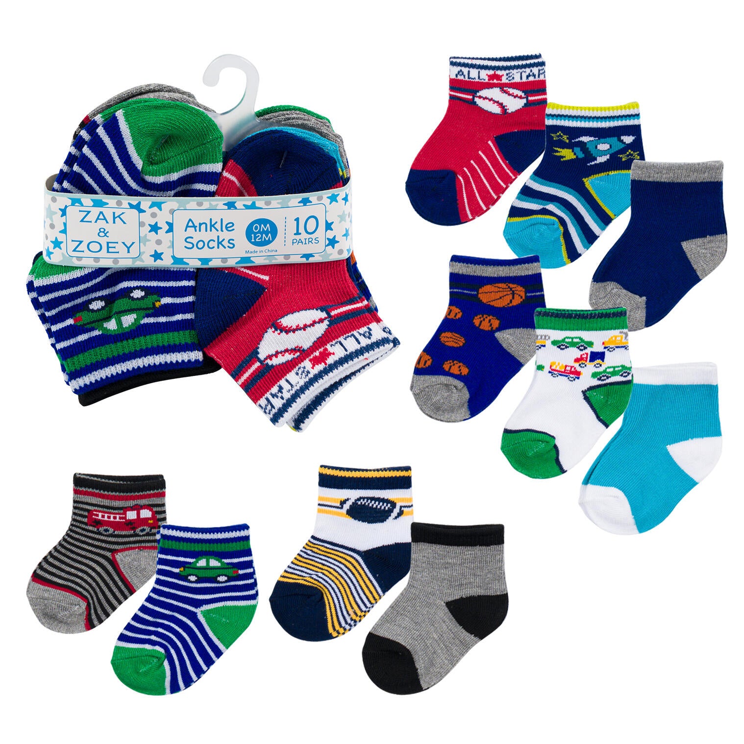 10pk Boys Ankle Socks- 0-12M- Assorted Designs