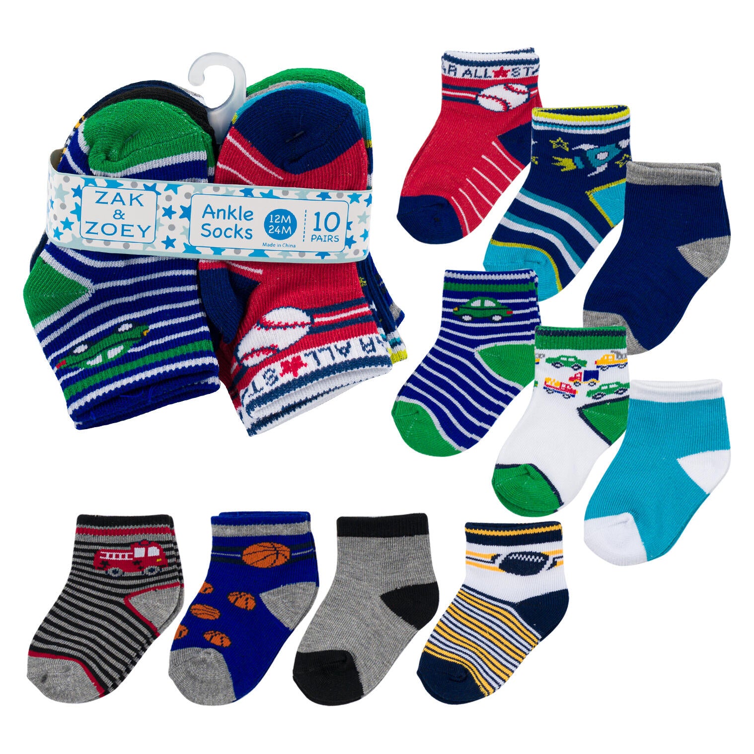 10pk Boys Ankle Socks- 12-24M- Assorted Designs