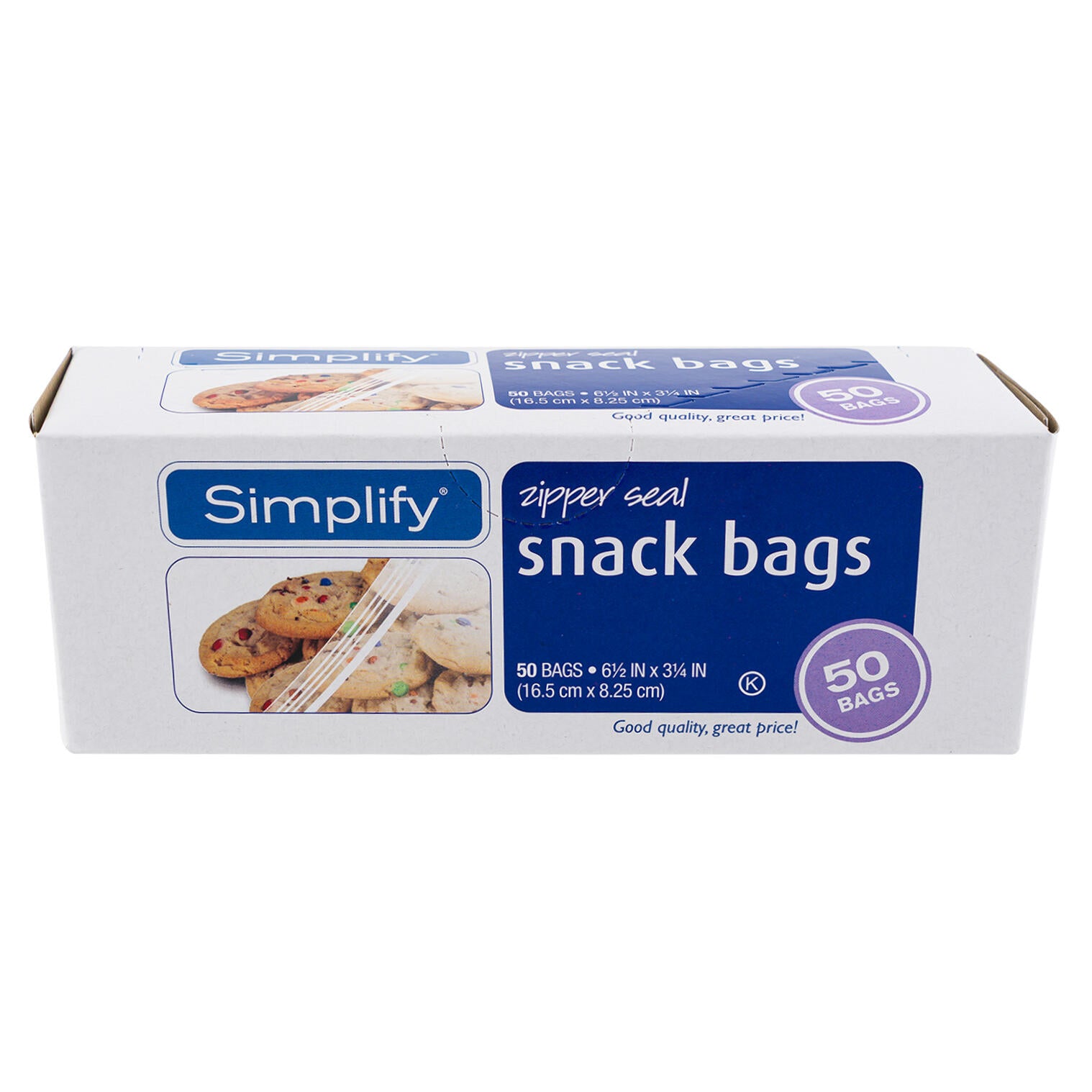 Box of Simplify zipper seal snack bags on a white background