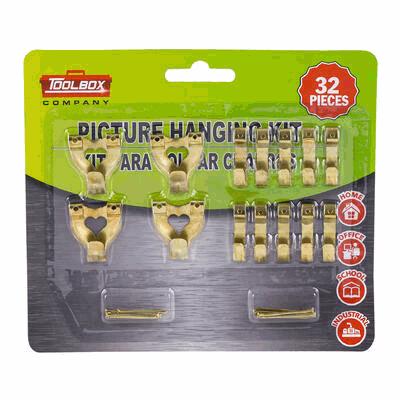Packaging of a picture hanging kit with 32 pieces from the Toolbox Company.