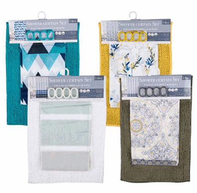 14-Piece Shower Curtain Set with Mat Hooks – Complete Bathroom Set