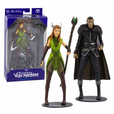 Two action figures from 'The Legend of Vox Machina' series, one in green and brown outfit and the other in black and gray, with packaging.