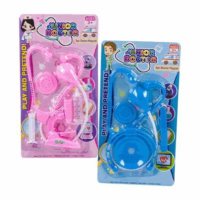 Pink and blue toy sets for children in their packaging with 'Junior Doctor' branding.