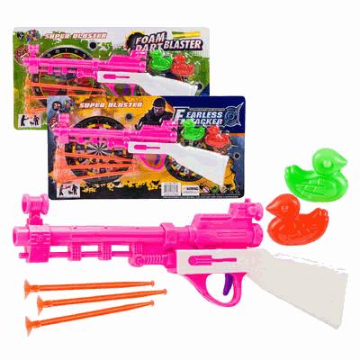 Pink foam dart blaster with accessories on a white background