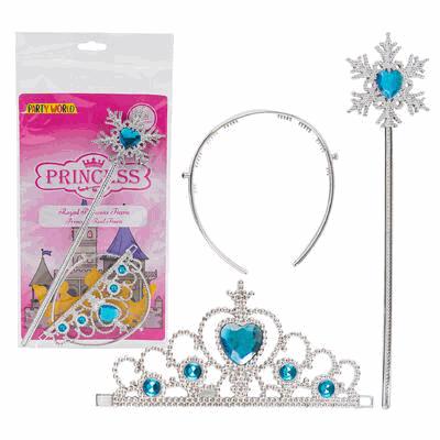Princess-themed headband, tiara, and wand set with packaging on a white background