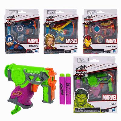 Marvel-themed Nerf gun and accessories with packaging on a white background