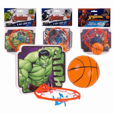 Set of toy basketball hoops with superhero graphics and a basketball on a white background