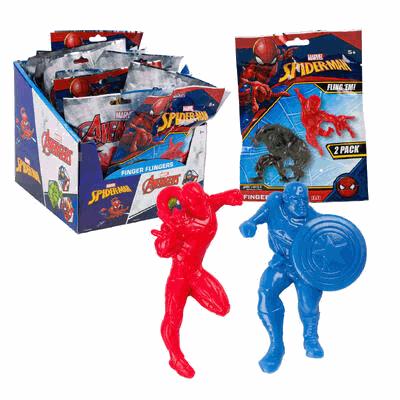 Superhero action figures with packaging featuring Spider-Man and Avengers branding.