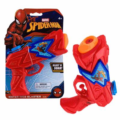 Red water blaster toy with Spider-Man packaging on a white background