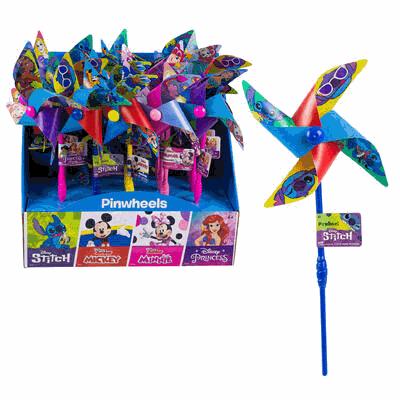 Colorful pinwheels with Disney character branding in a display box.