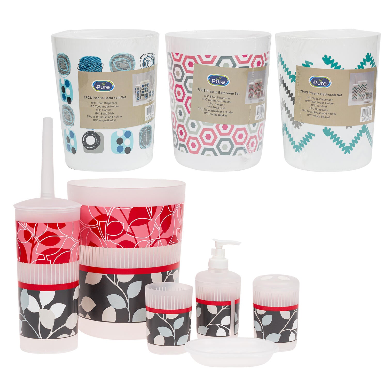 All Pure Plastic Bathroom Set - 7 Pieces - Assortment