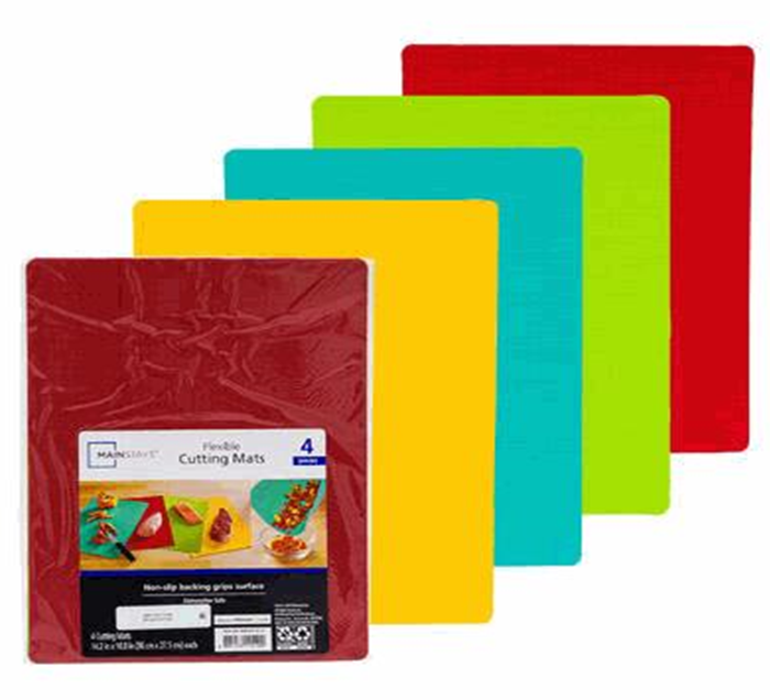 Set of four colorful flexible cutting mats with a packaging displaying product details.