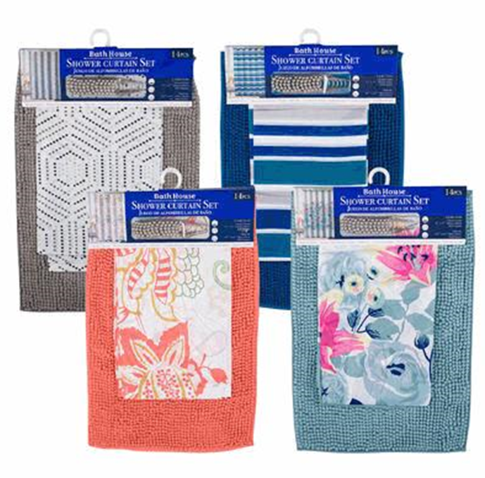 14pc Shower Curtain Set with Mat Hooks – Rose Design