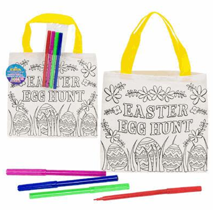 Two Easter-themed coloring bags with markers on a white background
