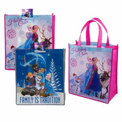 Two gift bags featuring characters from 'Frozen' with festive designs on a white background.