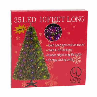 Box of a 35 LED Christmas tree light set on a red background