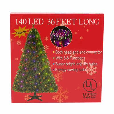 Box of 140 LED Christmas lights with tree illustration on red background