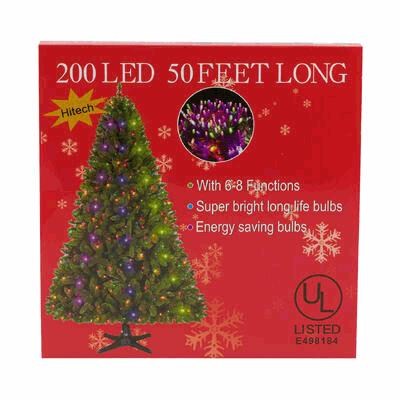 Box of LED Christmas lights with tree illustration and product details on a red background