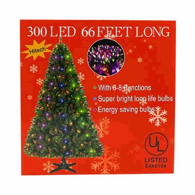 Box of Hitech LED Christmas lights with a tree illustration and product details on a red background.
