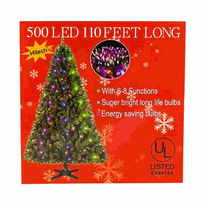 Box of a 500 LED Christmas tree light set on a red background with tree and snowflake graphics.